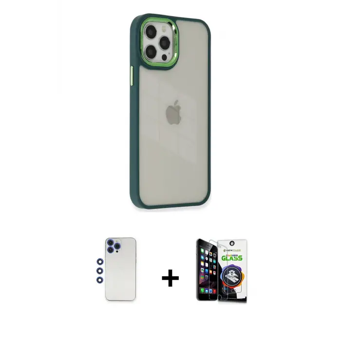 ieg™ iPhone 12 Pro Max Kılıf Eksen Doku Prime - Şeffaf Temperli Cam Ekran Koruyucu + Shine Kamera Lens - LT