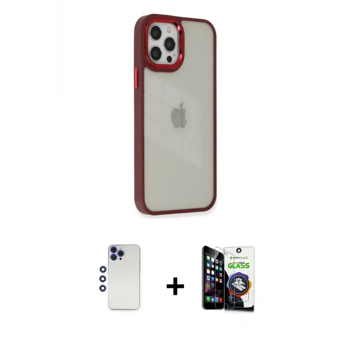 ieg™ iPhone 12 Pro Max Kılıf Eksen Doku Prime - Şeffaf Temperli Cam Ekran Koruyucu + Shine Kamera Lens - LT