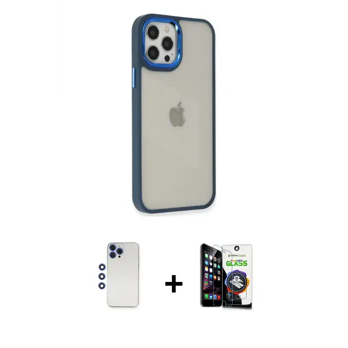 ieg™ iPhone 12 Pro Max Kılıf Eksen Doku Prime - Şeffaf Temperli Cam Ekran Koruyucu + Shine Kamera Lens - LT