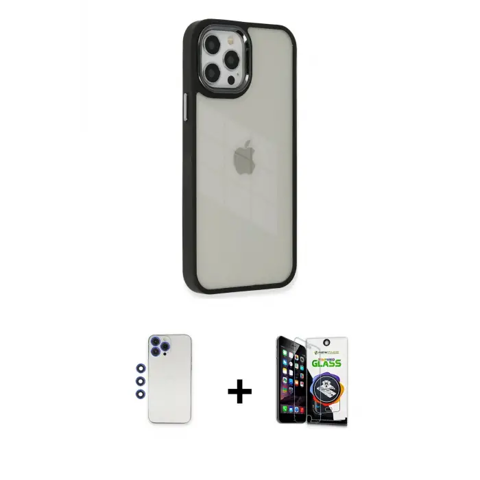 ieg™ iPhone 12 Pro Max Kılıf Eksen Doku Prime - Şeffaf Temperli Cam Ekran Koruyucu + Shine Kamera Lens - LT
