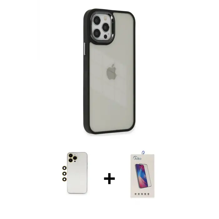 ieg™ iPhone 12 Pro Max Kılıf Eksen Doku Prime - Siyah Joko 5D Cam + Shine Kamera Lens - GD