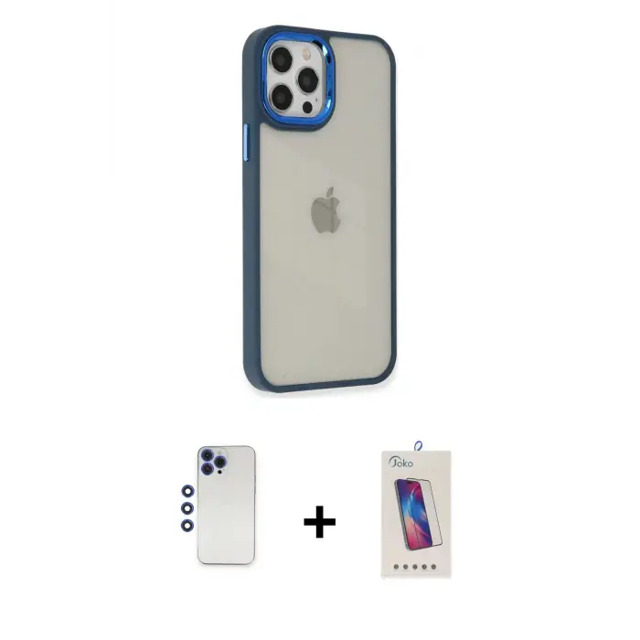 ieg™ iPhone 12 Pro Max Kılıf Eksen Doku Prime - Siyah Joko 5D Cam + Shine Kamera Lens - LT