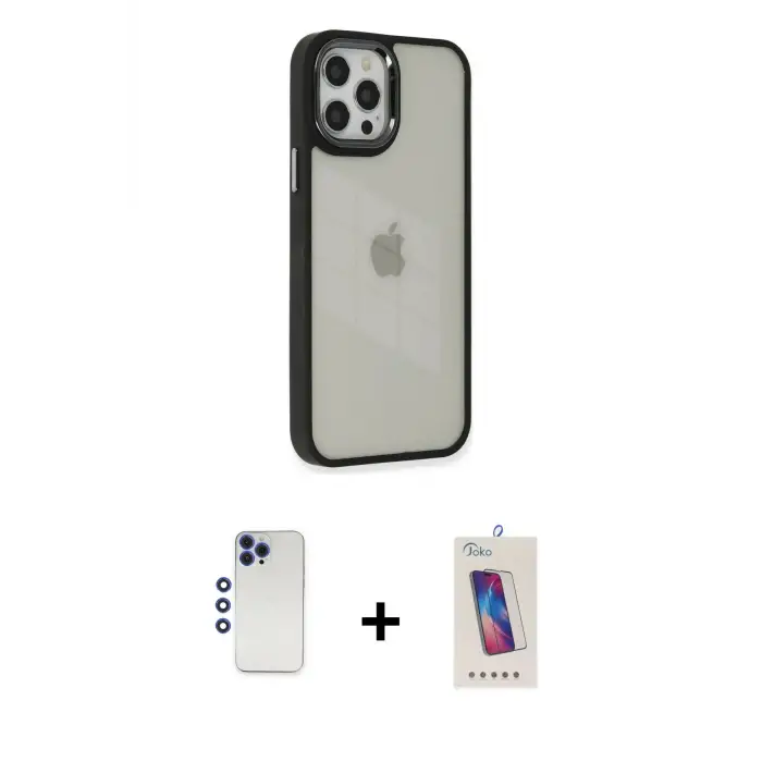 ieg™ iPhone 12 Pro Max Kılıf Eksen Doku Prime - Siyah Joko 5D Cam + Shine Kamera Lens - LT