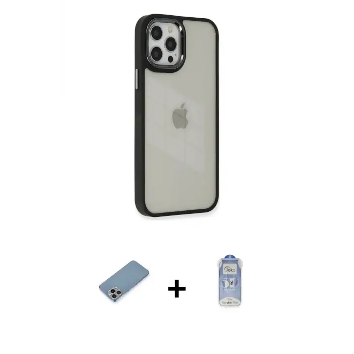 ieg™ iPhone 12 Pro Max Kılıf Eksen Doku Prime - Siyah Joko Magic 5D Cam + Shine Kamera Lens Koruma Cam - GI