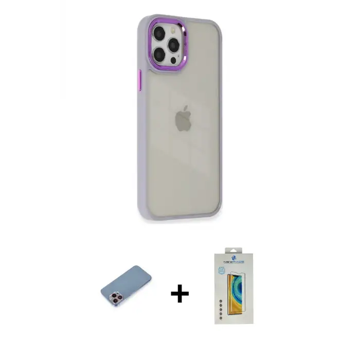 ieg™ iPhone 12 Pro Max Kılıf Eksen Doku Prime - Siyah Polymer Nano Ekran Koruyucu + Shine Kamera Lens Koruma Cam - PE
