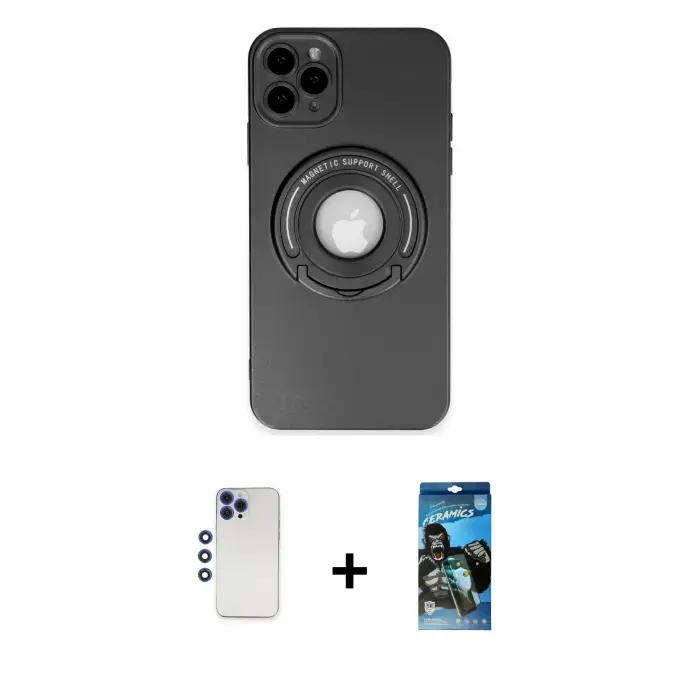 ieg™ iPhone 12 Pro Max Kılıf Eksen Klasik Prime - Siyah 34D Izgaralı Cam + Shine Kamera Lens - LT
