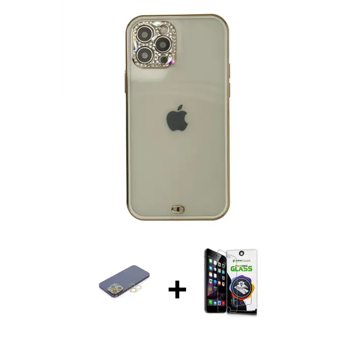 ieg™ iPhone 12 Pro Max Kılıf Eksen Minimal Koleksiyonu - Şeffaf Temperli Cam Ekran Koruyucu + Renkli Kamera Lens Koruma Cam - SI