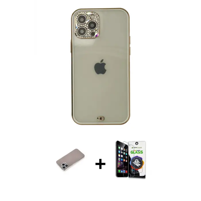 ieg™ iPhone 12 Pro Max Kılıf Eksen Minimal Koleksiyonu - Şeffaf Temperli Cam Ekran Koruyucu + Shine Kamera Lens Koruma Cam - SABE