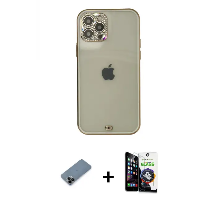 ieg™ iPhone 12 Pro Max Kılıf Eksen Minimal Koleksiyonu - Şeffaf Temperli Cam Ekran Koruyucu + Shine Kamera Lens Koruma Cam - SH