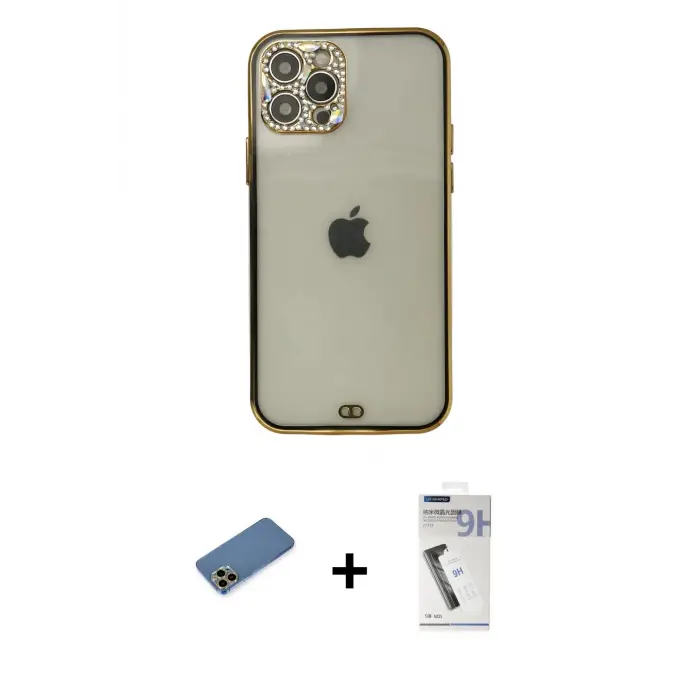 ieg™ iPhone 12 Pro Max Kılıf Eksen Minimal Koleksiyonu - Şeffaf Uv Polymer Nano Ekran Koruyucu + Shine Kamera Lens Koruma Cam - GD