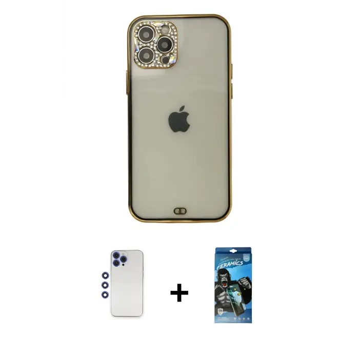 ieg™ iPhone 12 Pro Max Kılıf Eksen Minimal Koleksiyonu - Siyah 34D Izgaralı Cam + Shine Kamera Lens - LT