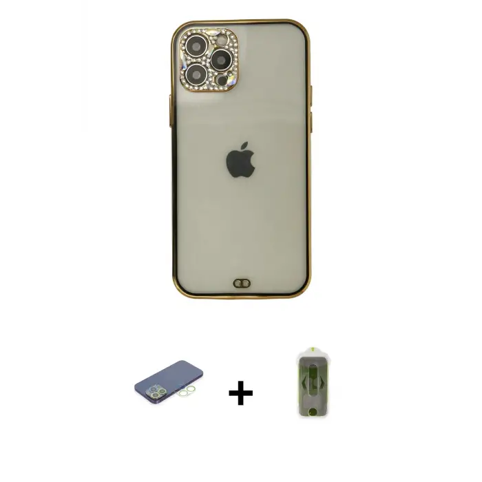ieg™ iPhone 12 Pro Max Kılıf Eksen Minimal Koleksiyonu - Siyah Joko Magic 5D Hayalet Cam + Renkli Kamera Lens Koruma Cam - YL
