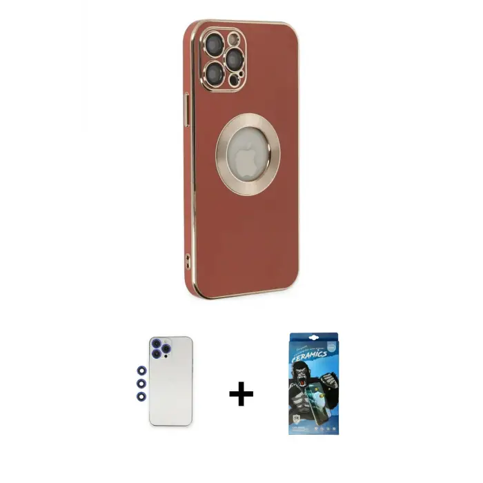 ieg™ iPhone 12 Pro Max Kılıf İz Form Serisi - Siyah 34D Izgaralı Cam + Shine Kamera Lens - LT