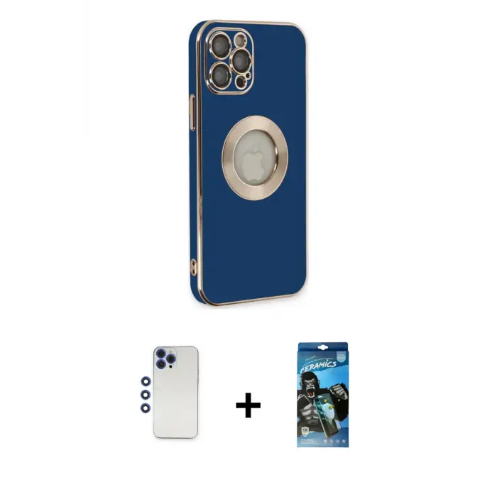 ieg™ iPhone 12 Pro Max Kılıf İz Form Serisi - Siyah 34D Izgaralı Cam + Shine Kamera Lens - LT
