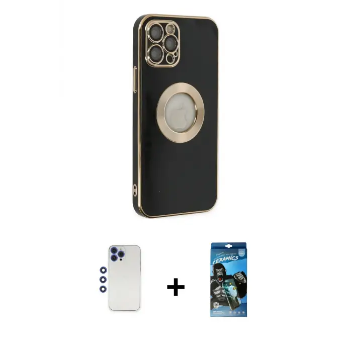 ieg™ iPhone 12 Pro Max Kılıf İz Form Serisi - Siyah 34D Izgaralı Cam + Shine Kamera Lens - LT