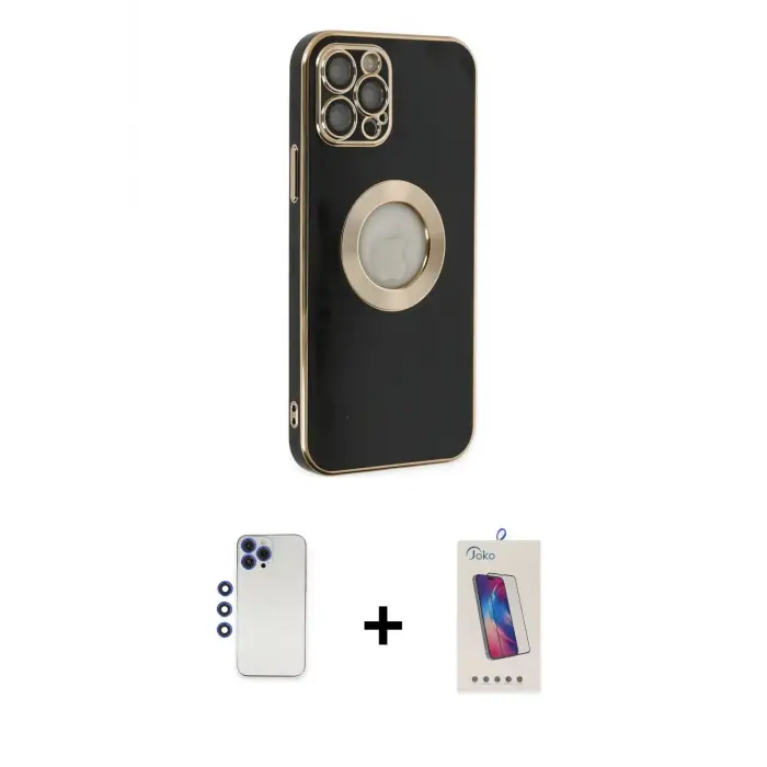 ieg™ iPhone 12 Pro Max Kılıf İz Form Serisi - Siyah Joko 5D Cam + Shine Kamera Lens - LT