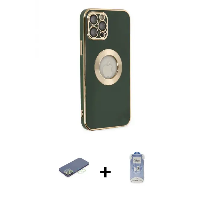 ieg™ iPhone 12 Pro Max Kılıf İz Form Serisi - Siyah Joko Magic 5D Cam + Renkli Kamera Lens Koruma Cam - YL