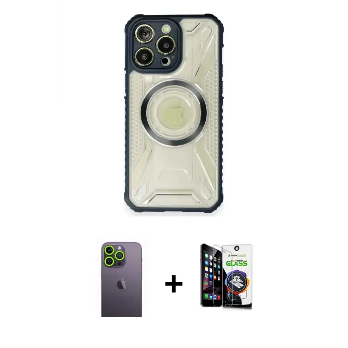 ieg™ iPhone 12 Pro Max Kılıf Kutup Modern - Şeffaf Temperli Cam Ekran Koruyucu + Neon Fosforlu Kamera Lens - YL