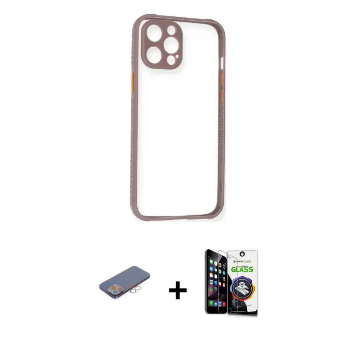 ieg™ iPhone 12 Pro Max Kılıf Nova Asil Özel Seri - Şeffaf Temperli Cam Ekran Koruyucu + Renkli Kamera Lens Koruma Cam - PE