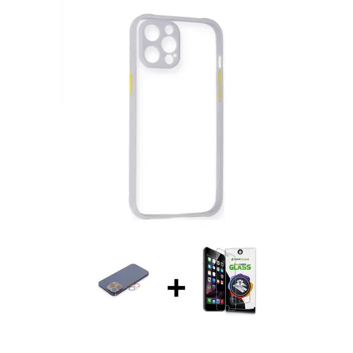 ieg™ iPhone 12 Pro Max Kılıf Nova Asil Özel Seri - Şeffaf Temperli Cam Ekran Koruyucu + Renkli Kamera Lens Koruma Cam - PE
