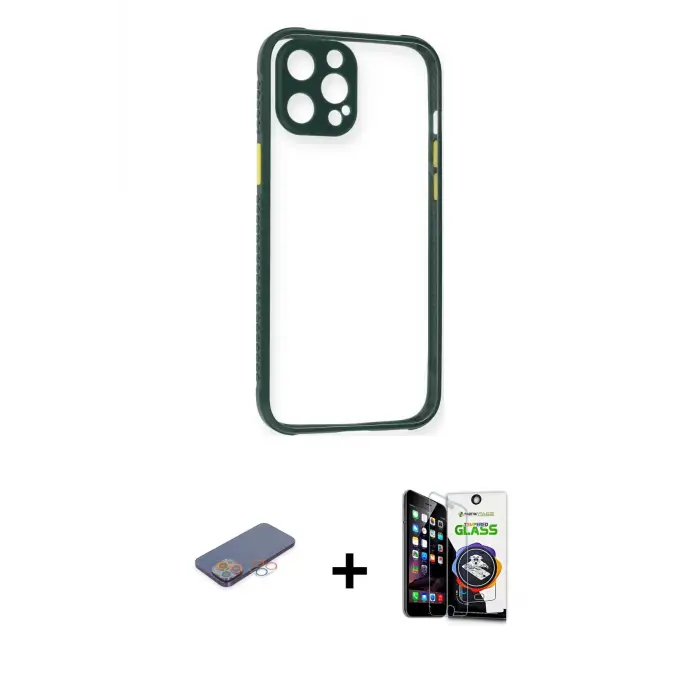 ieg™ iPhone 12 Pro Max Kılıf Nova Asil Özel Seri - Şeffaf Temperli Cam Ekran Koruyucu + Renkli Kamera Lens Koruma Cam - PE