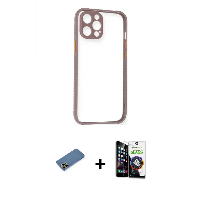 ieg™ iPhone 12 Pro Max Kılıf Nova Asil Özel Seri - Şeffaf Temperli Cam Ekran Koruyucu + Shine Kamera Lens Koruma Cam - GD
