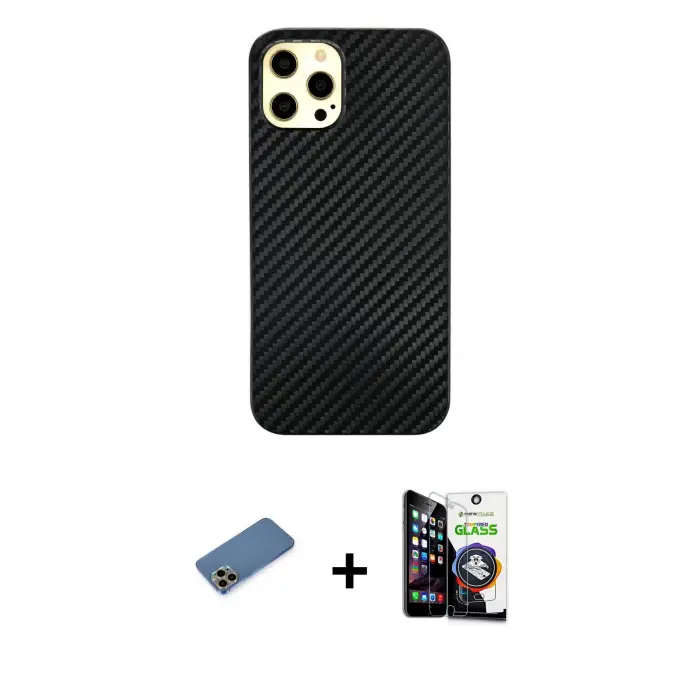 ieg™ iPhone 12 Pro Max Kılıf Nova Çizgi - Şeffaf Temperli Cam Ekran Koruyucu + Shine Kamera Lens Koruma Cam - GD