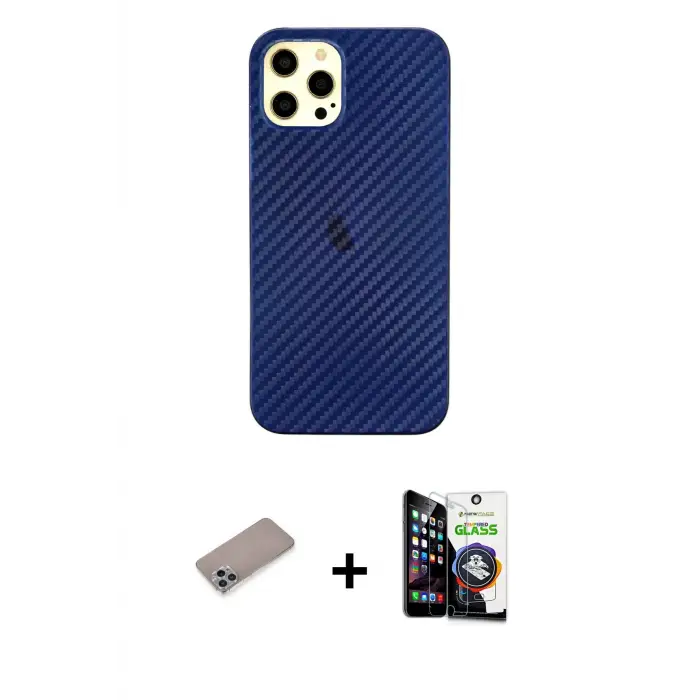 ieg™ iPhone 12 Pro Max Kılıf Nova Çizgi - Şeffaf Temperli Cam Ekran Koruyucu + Shine Kamera Lens Koruma Cam - SABE