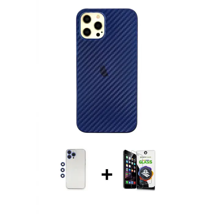 ieg™ iPhone 12 Pro Max Kılıf Nova Çizgi - Şeffaf Temperli Cam Ekran Koruyucu + Shine Kamera Lens - LT