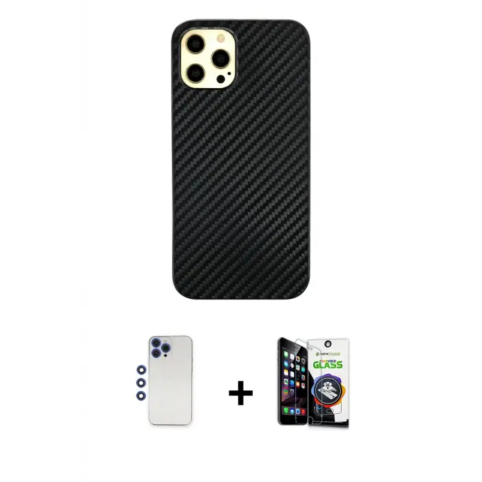 ieg™ iPhone 12 Pro Max Kılıf Nova Çizgi - Şeffaf Temperli Cam Ekran Koruyucu + Shine Kamera Lens - LT