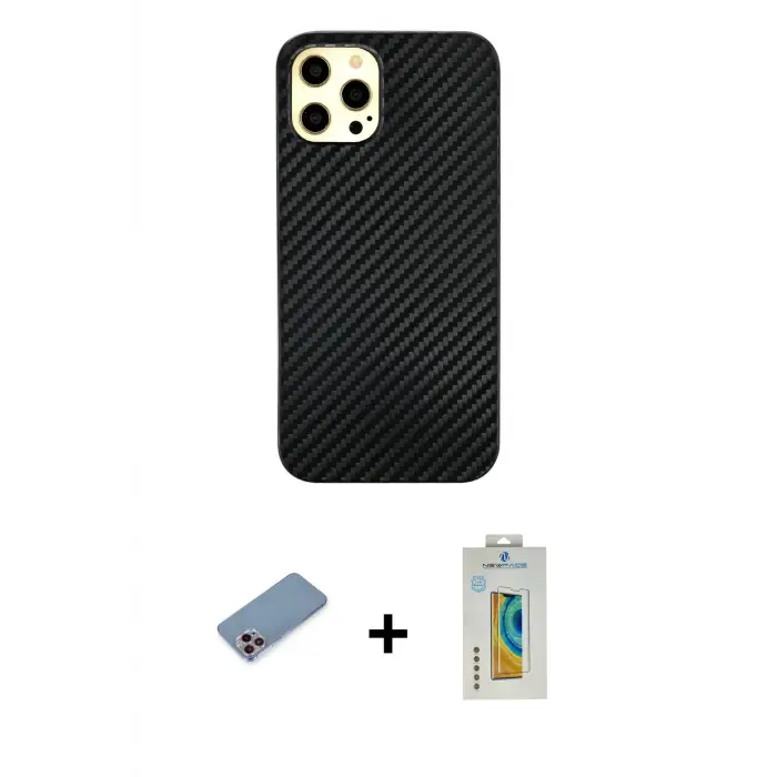 ieg™ iPhone 12 Pro Max Kılıf Nova Çizgi - Siyah Polymer Nano Ekran Koruyucu + Shine Kamera Lens Koruma Cam - PE