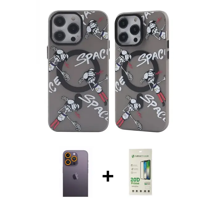 ieg™ iPhone 12 Pro Max Kılıf Nova Doku Koleksiyonu - Siyah 20D Premium Cam Ekran Koruyucu + Neon Fosforlu Kamera Lens - SI