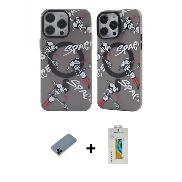ieg™ iPhone 12 Pro Max Kılıf Nova Doku Koleksiyonu - Siyah Polymer Nano Ekran Koruyucu + Shine Kamera Lens Koruma Cam - SH