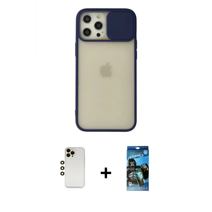 ieg™ iPhone 12 Pro Max Kılıf Vadi Çizgi - Siyah 34D Izgaralı Cam + Shine Kamera Lens - GD