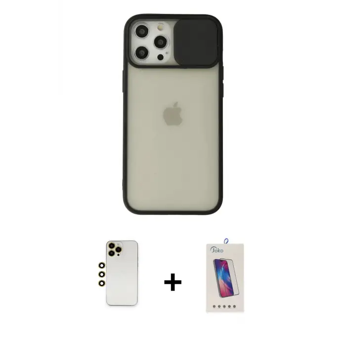 ieg™ iPhone 12 Pro Max Kılıf Vadi Çizgi - Siyah Joko 5D Cam + Shine Kamera Lens - GD