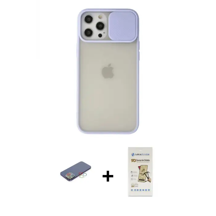ieg™ iPhone 12 Pro Max Kılıf Vadi Çizgi - Siyah Mat Seramik Nano Ekran Koruyucu + Renkli Kamera Lens Koruma Cam - MI