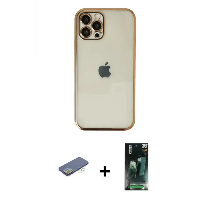 ieg™ iPhone 12 Pro Max Kılıf Vadi Minimal - Şeffaf 360 Full Body Arka Koruyucu + Renkli Kamera Lens Koruma Cam - YL