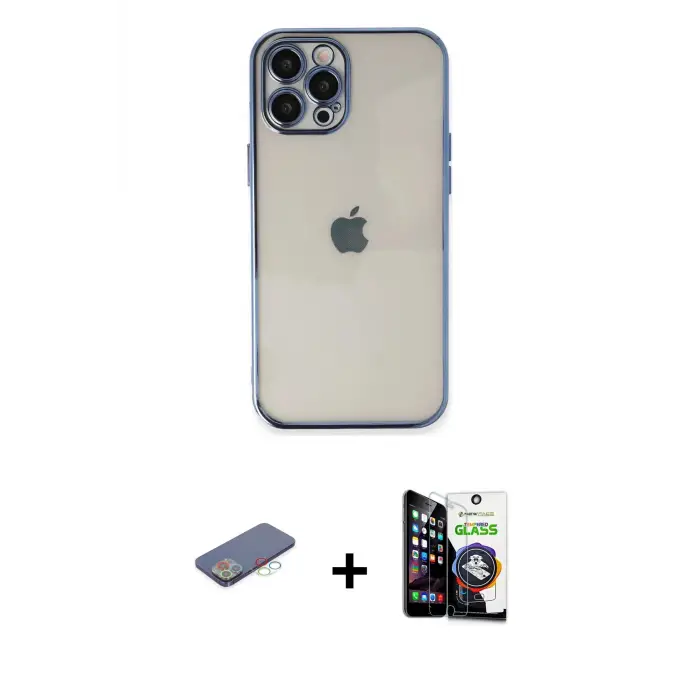 ieg™ iPhone 12 Pro Max Kılıf Vadi Minimal - Şeffaf Temperli Cam Ekran Koruyucu + Renkli Kamera Lens Koruma Cam - MI