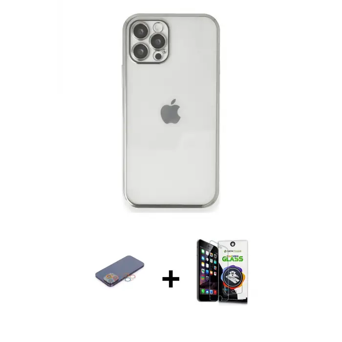 ieg™ iPhone 12 Pro Max Kılıf Vadi Minimal - Şeffaf Temperli Cam Ekran Koruyucu + Renkli Kamera Lens Koruma Cam - PE