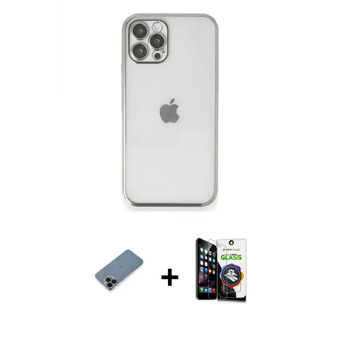 ieg™ iPhone 12 Pro Max Kılıf Vadi Minimal - Şeffaf Temperli Cam Ekran Koruyucu + Shine Kamera Lens Koruma Cam - SH