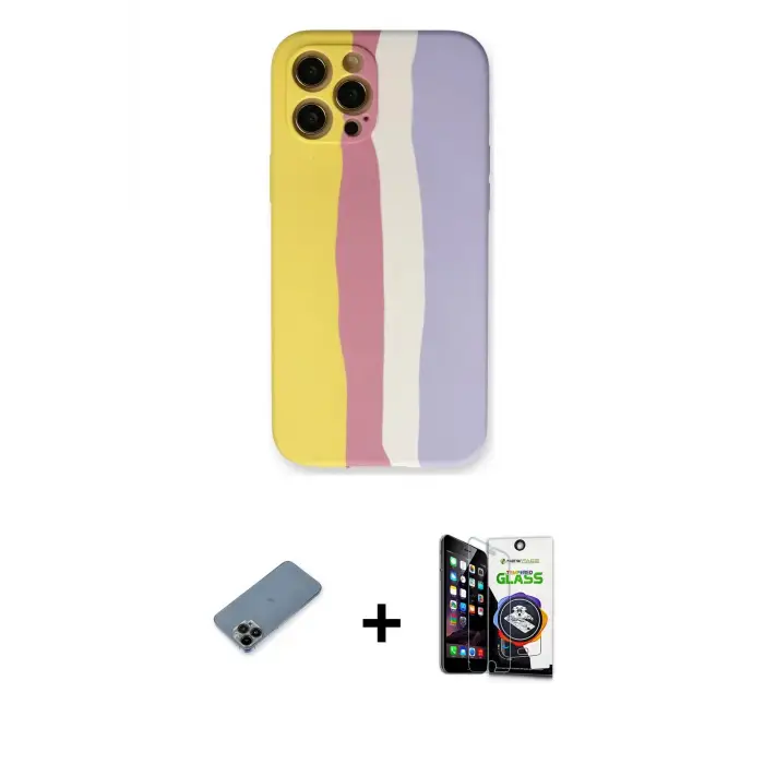 ieg™ iPhone 12 Pro Max Kılıf Yadigar Çizgi - Şeffaf Temperli Cam Ekran Koruyucu + Shine Kamera Lens Koruma Cam - SH