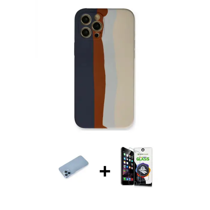 ieg™ iPhone 12 Pro Max Kılıf Yadigar Çizgi - Şeffaf Temperli Cam Ekran Koruyucu + Shine Kamera Lens Koruma Cam - MI