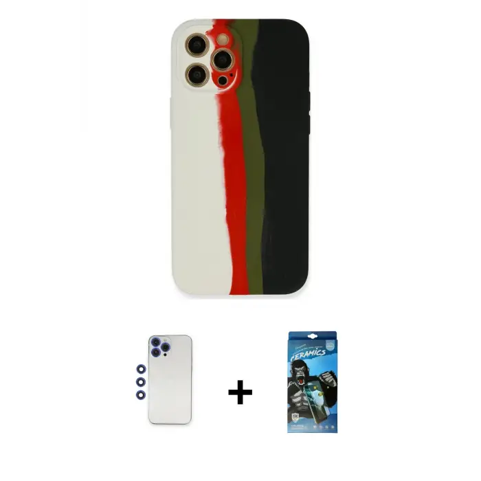 ieg™ iPhone 12 Pro Max Kılıf Yadigar Çizgi - Siyah 34D Izgaralı Cam + Shine Kamera Lens - LT