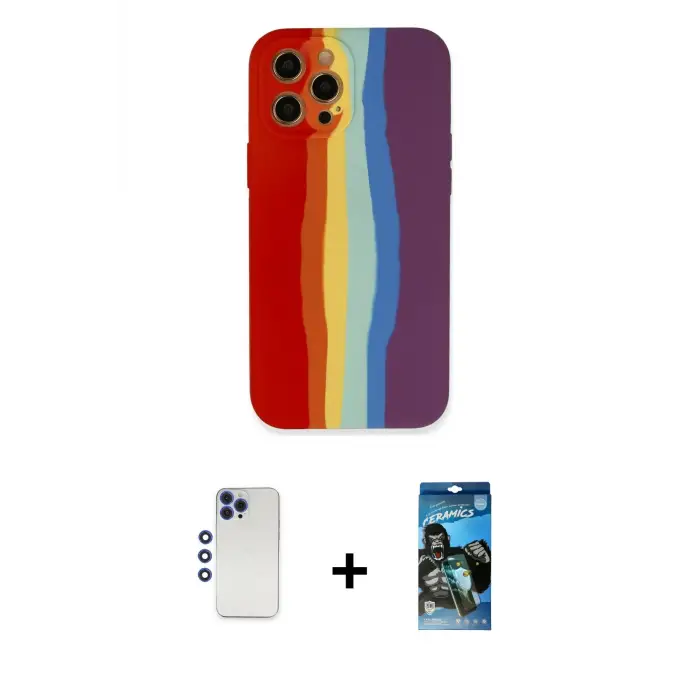 ieg™ iPhone 12 Pro Max Kılıf Yadigar Çizgi - Siyah 34D Izgaralı Cam + Shine Kamera Lens - LT