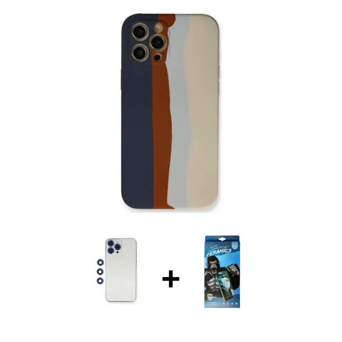 ieg™ iPhone 12 Pro Max Kılıf Yadigar Çizgi - Siyah 34D Izgaralı Cam + Shine Kamera Lens - LT