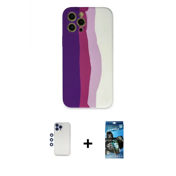 ieg™ iPhone 12 Pro Max Kılıf Yadigar Çizgi - Siyah 34D Izgaralı Cam + Shine Kamera Lens - LT