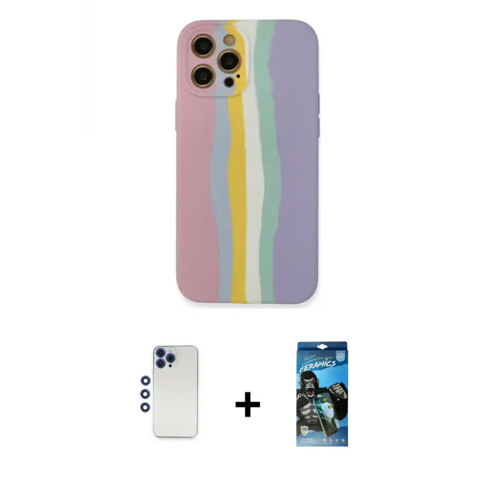 ieg™ iPhone 12 Pro Max Kılıf Yadigar Çizgi - Siyah 34D Izgaralı Cam + Shine Kamera Lens - LT