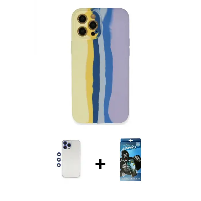 ieg™ iPhone 12 Pro Max Kılıf Yadigar Çizgi - Siyah 34D Izgaralı Cam + Shine Kamera Lens - LT