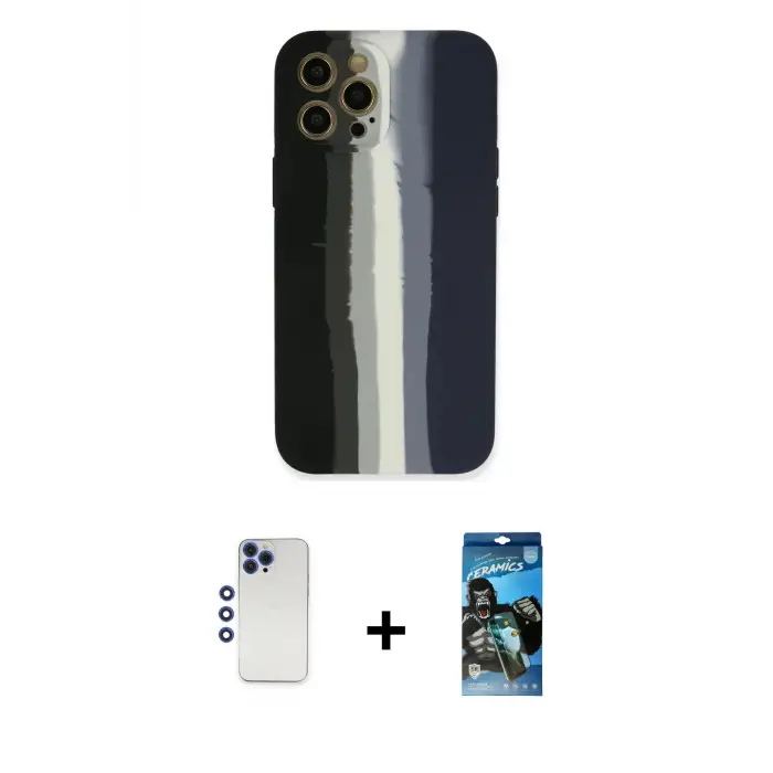 ieg™ iPhone 12 Pro Max Kılıf Yadigar Çizgi - Siyah 34D Izgaralı Cam + Shine Kamera Lens - LT