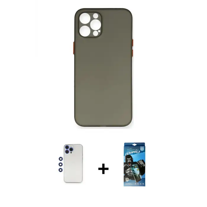 ieg™ iPhone 12 Pro Max Kılıf Yadigar Yansıma Serisi - Siyah 34D Izgaralı Cam + Shine Kamera Lens - LT